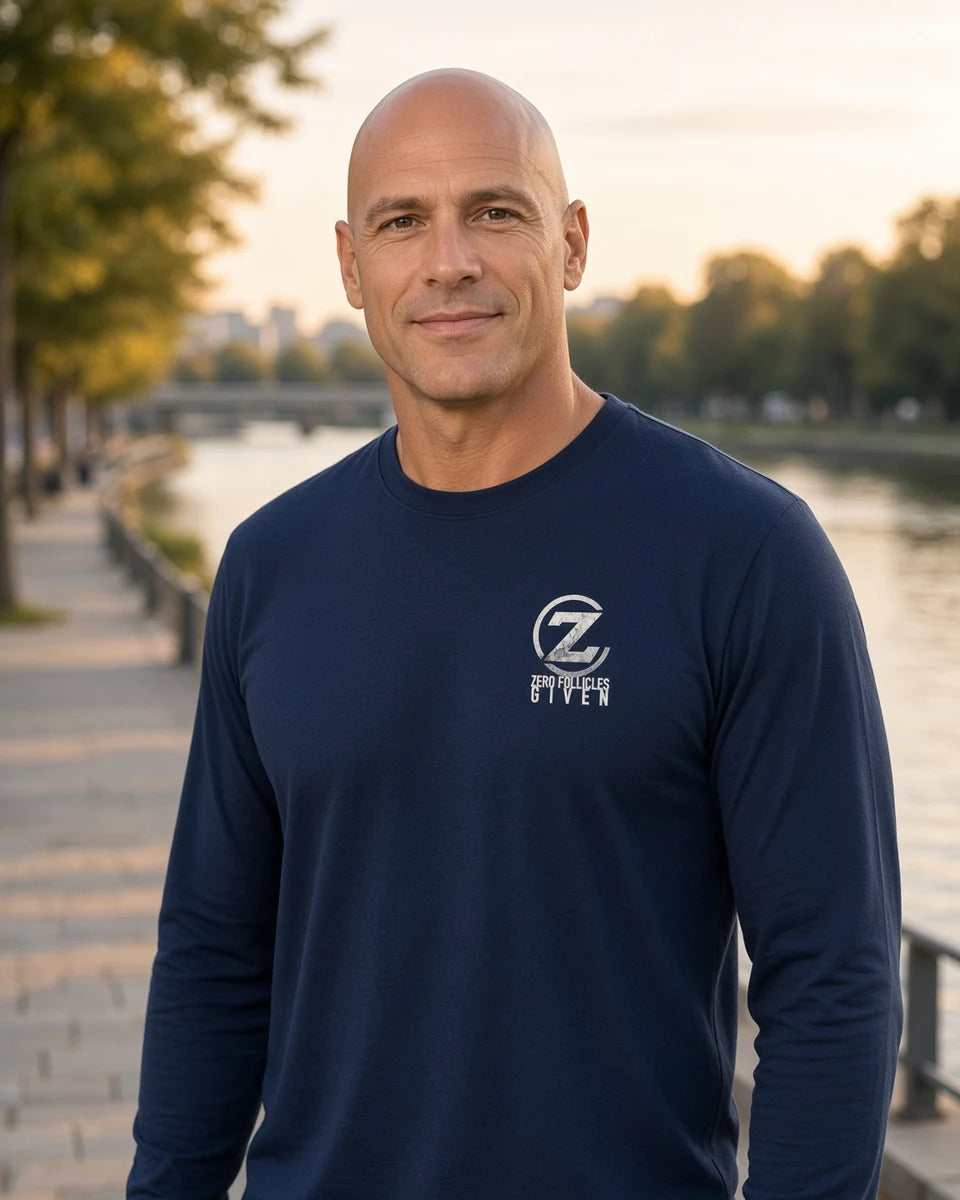 Zero Follicles Given Profile Emblem Unisex Long Sleeve T-Shirt — Navy front