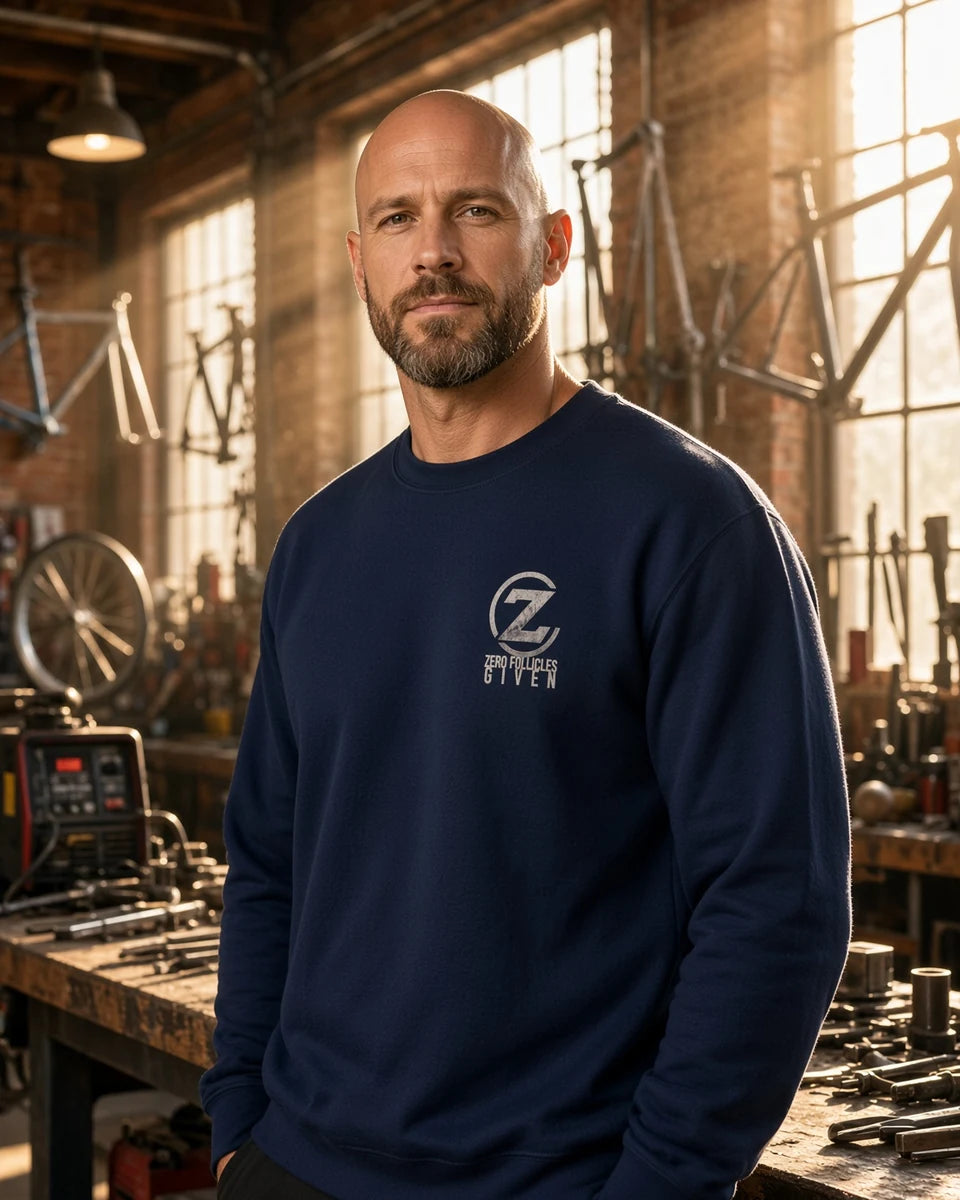 Zero Follicles Given Profile Emblem Unisex Crewneck Sweatshirt — Navy front