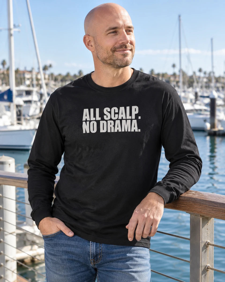 All Scalp No Drama Unisex Long Sleeve T-Shirt — Black front