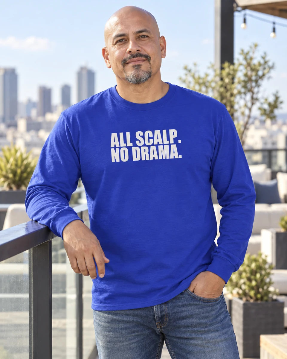 All Scalp No Drama Unisex Long Sleeve T-Shirt — Royal front