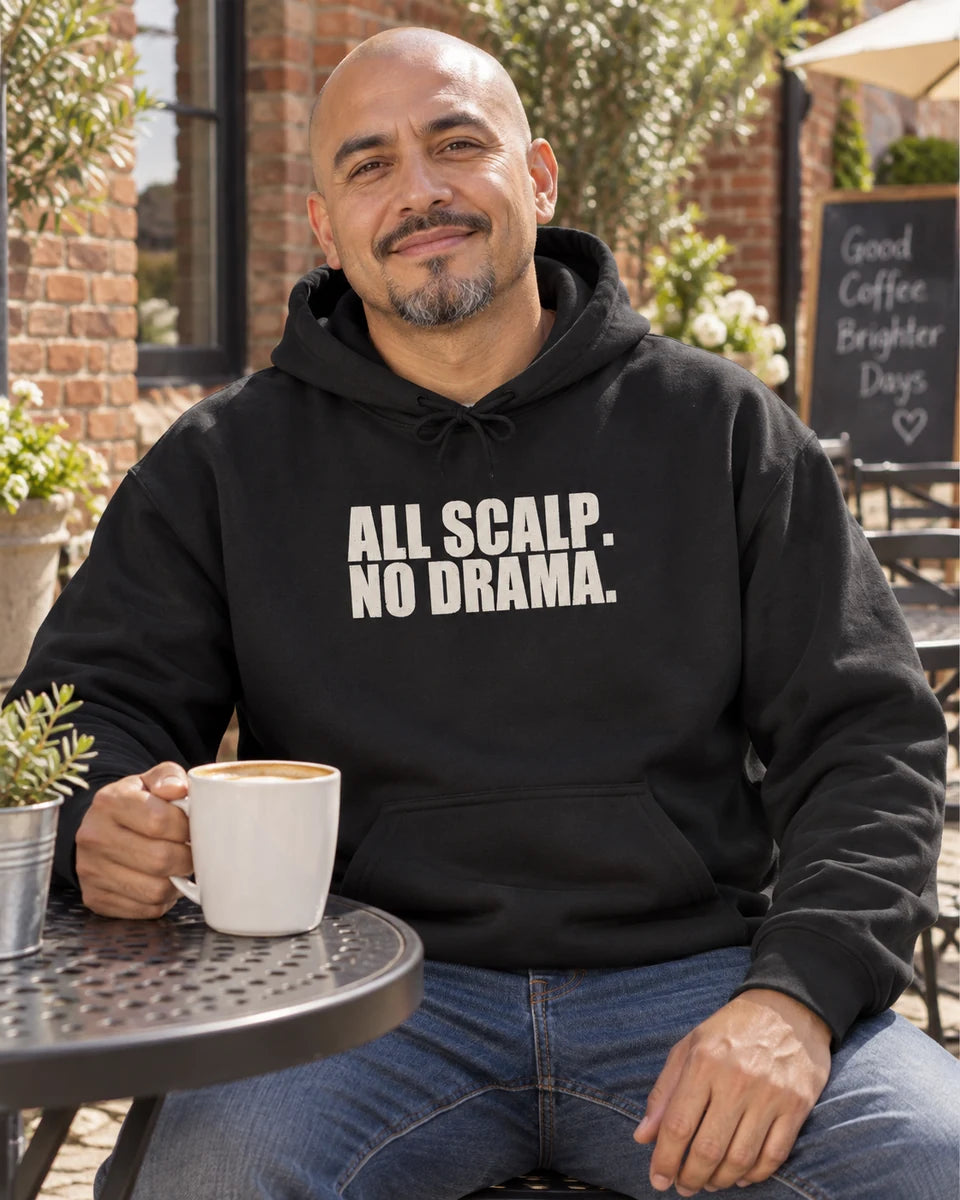All Scalp No Drama Unisex Pullover Hoodie — Black front