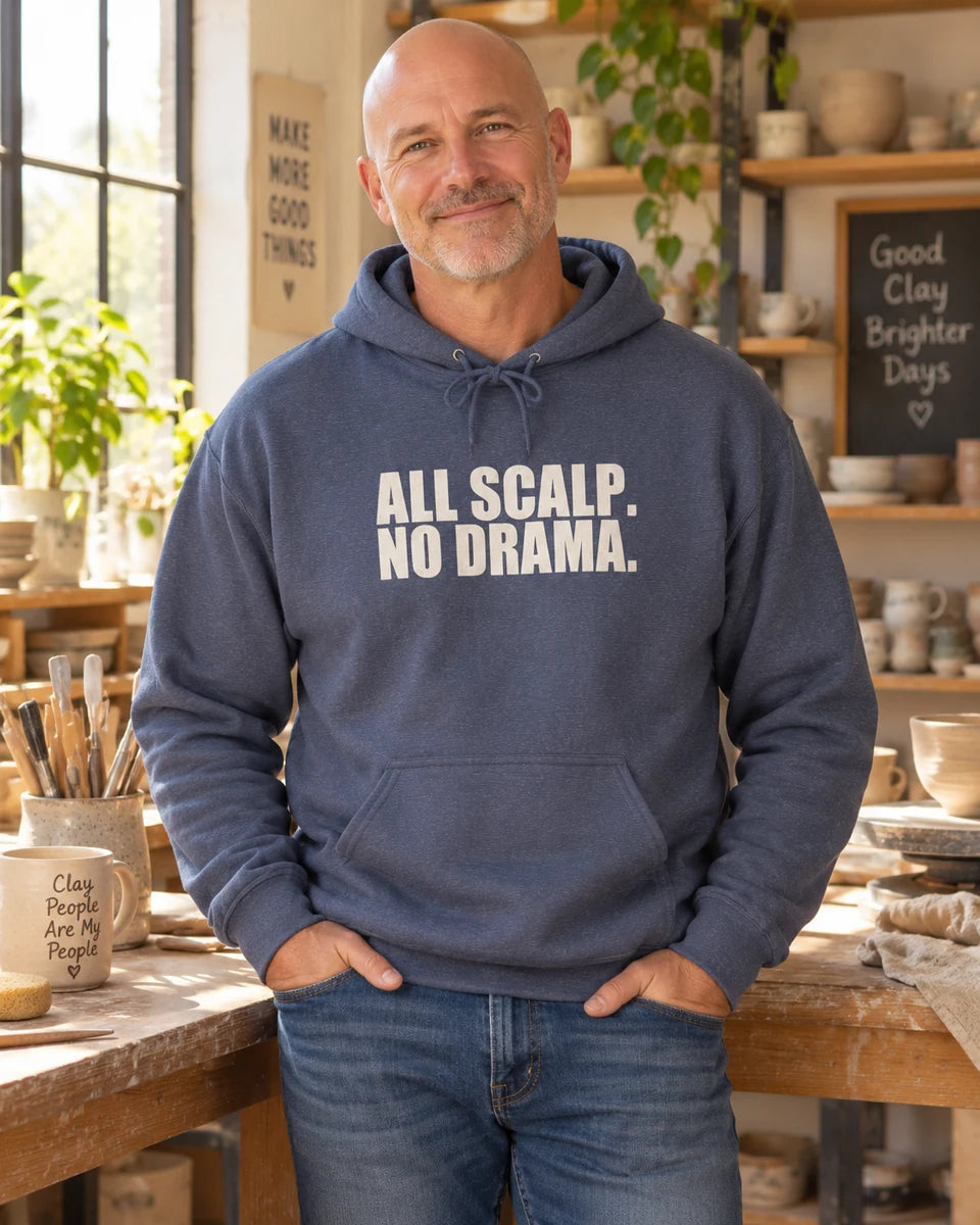 All Scalp No Drama Unisex Pullover Hoodie — Heather Navy front