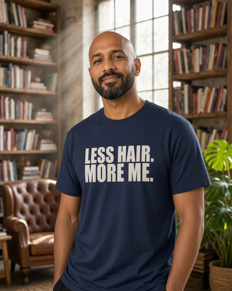 Less Hair More Me Unisex Heavyweight T-Shirt — Navy front