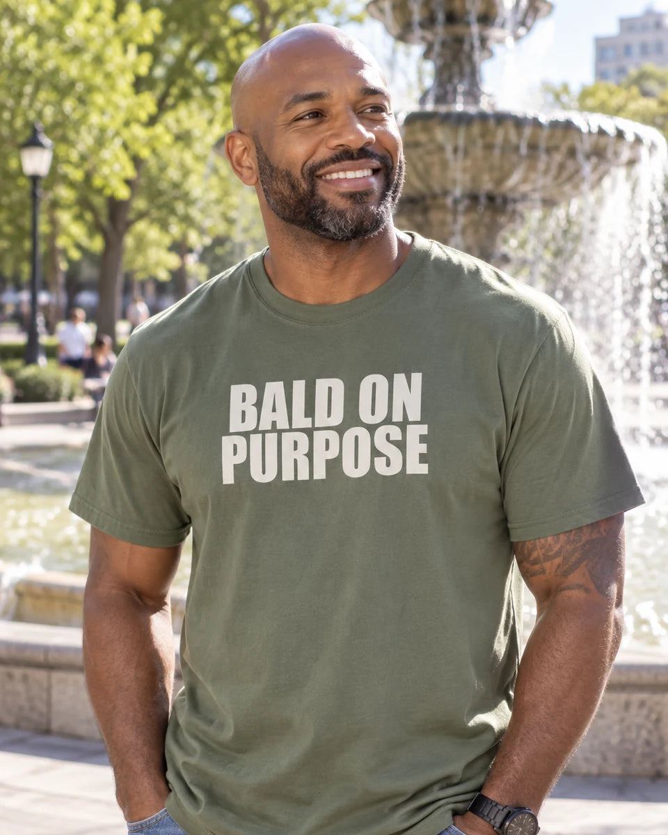 Bald On Purpose Unisex Heavyweight T-Shirt — Moss front