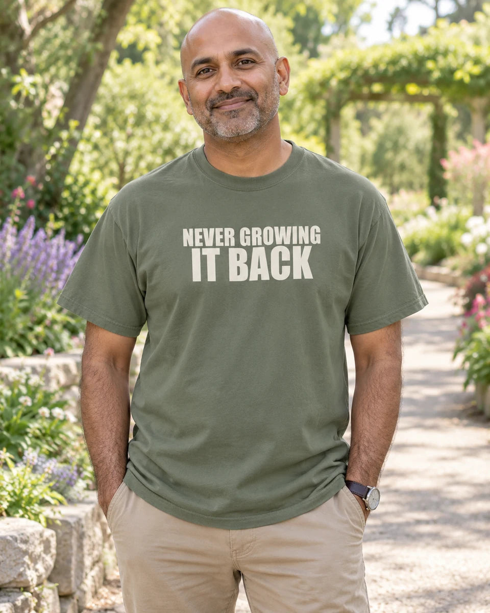 Never Growing It Back Unisex Heavyweight T-Shirt — Moss front