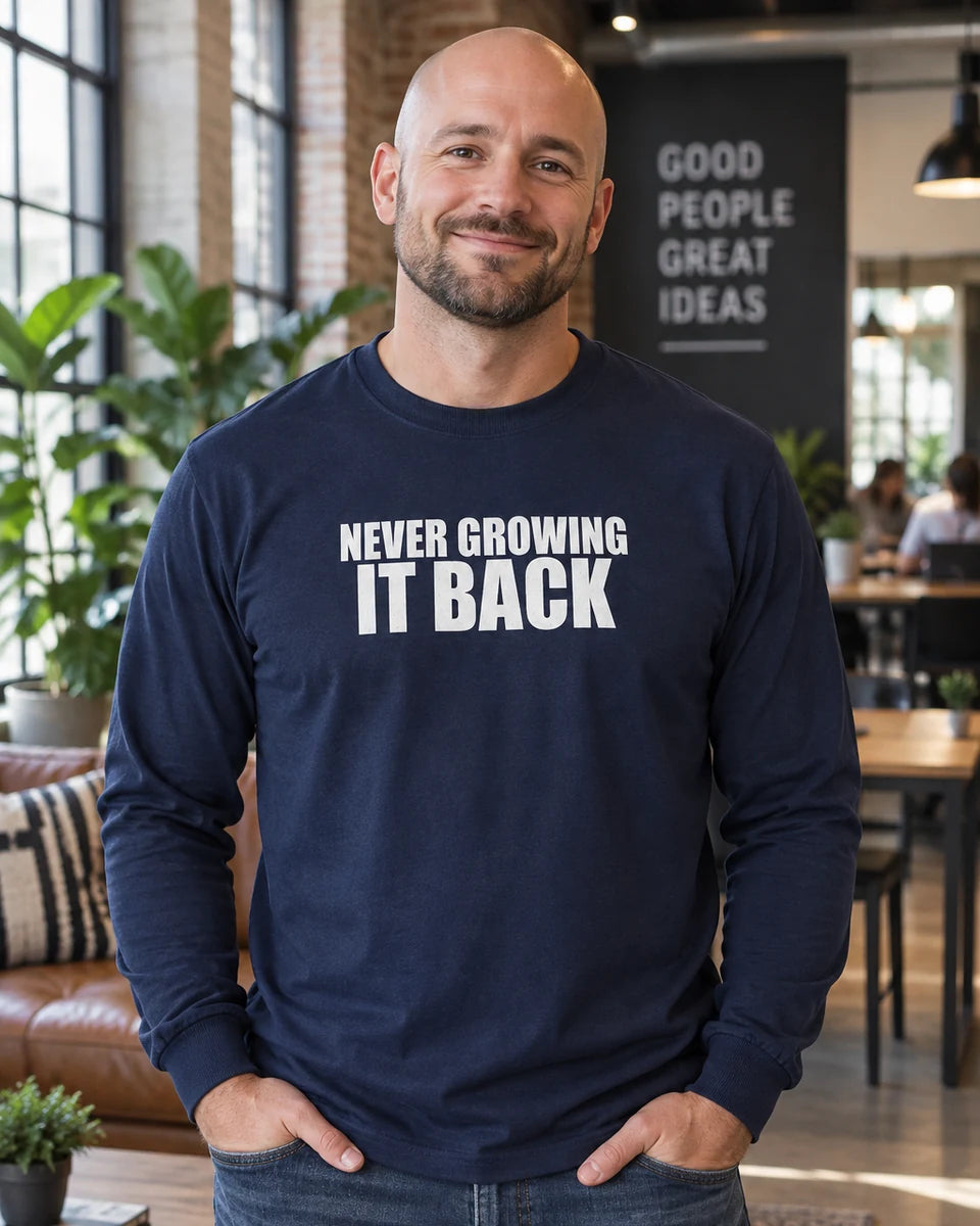 Never Growing It Back Unisex Long Sleeve T-Shirt — Navy front