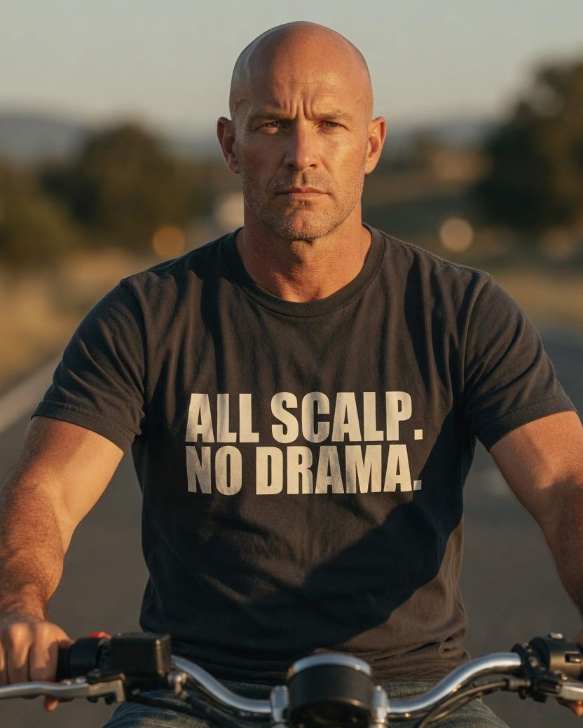 All Scalp No Drama Bald T-Shirt — Charcoal front lifestyle photo