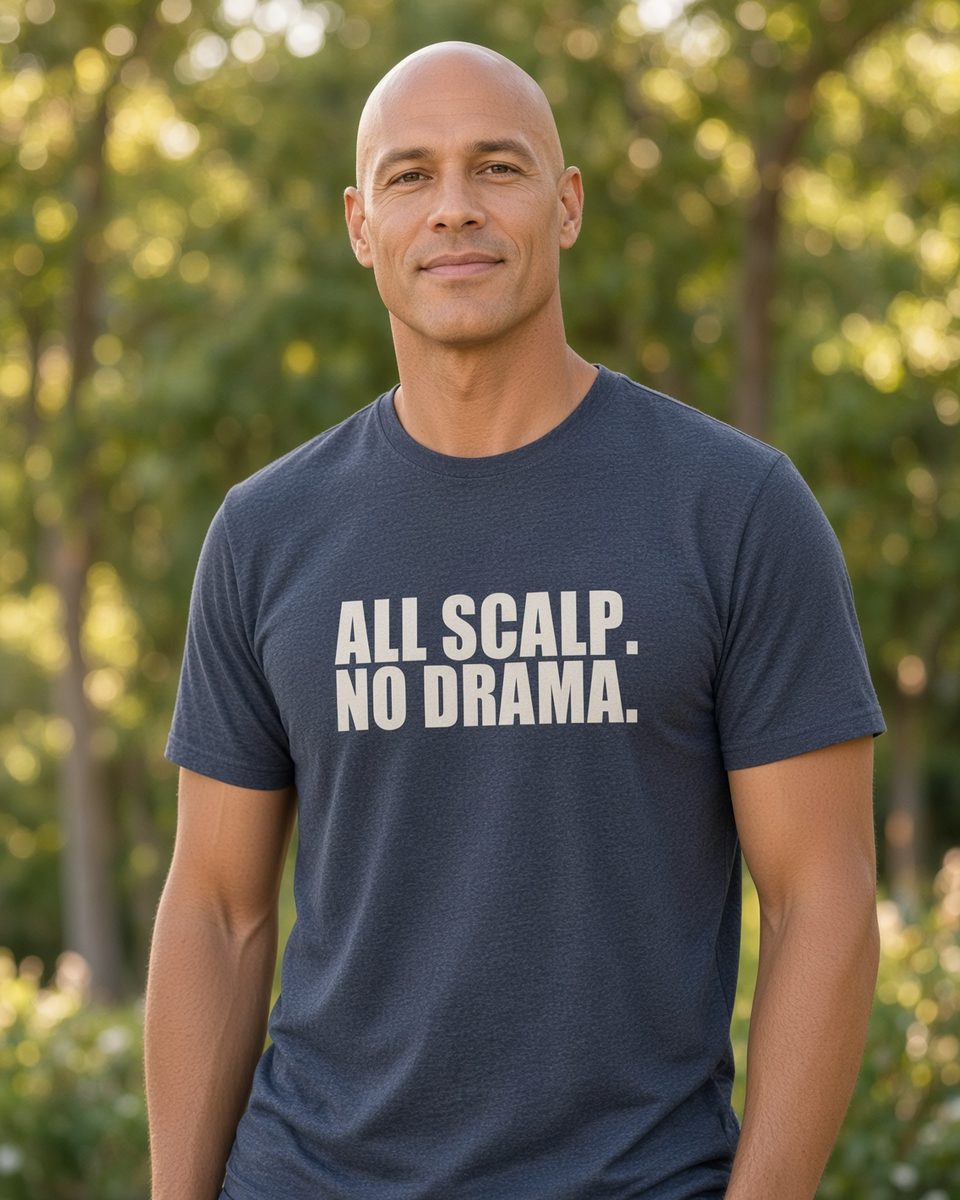 All Scalp No Drama Bald T-Shirt — Heather Navy front lifestyle photo