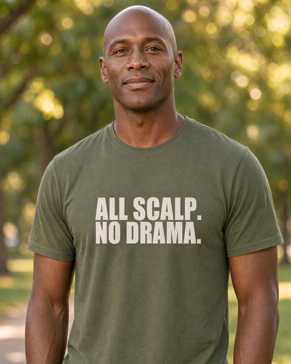 All Scalp No Drama Bald T-Shirt — Military Green front lifestyle photo