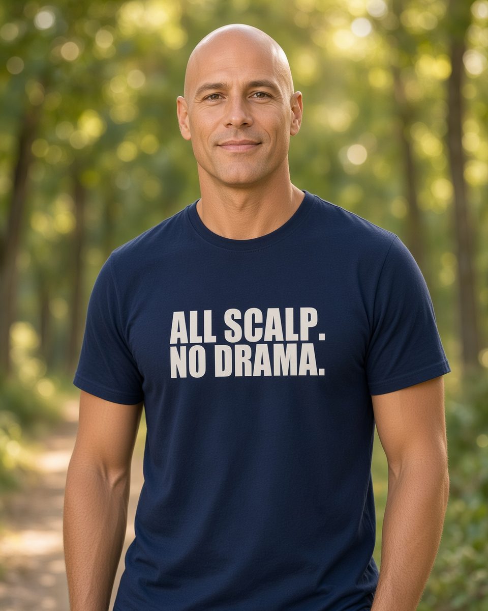 All Scalp No Drama Bald T-Shirt — Navy front lifestyle photo