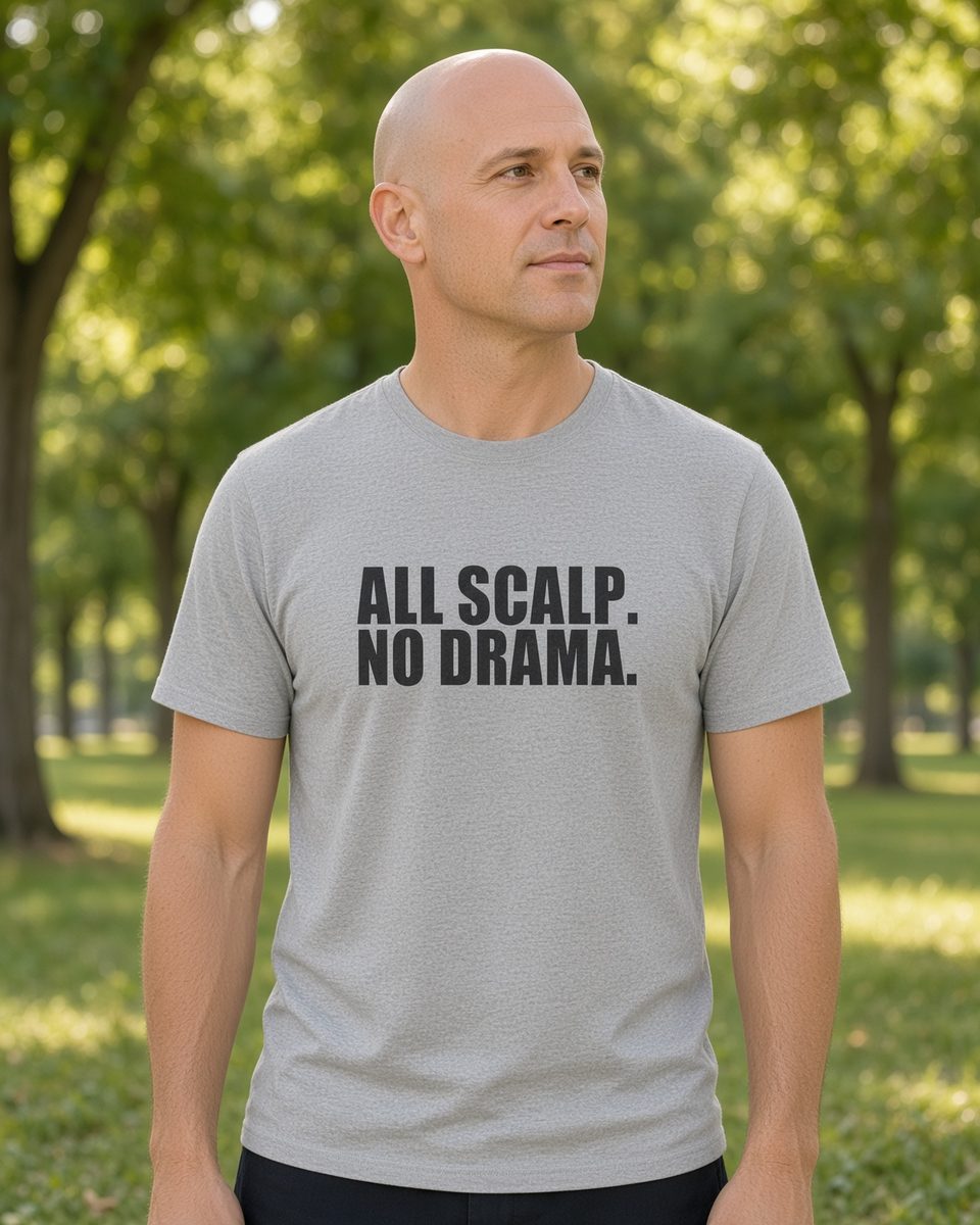 All Scalp No Drama Bald T-Shirt — Sport Grey front lifestyle photo