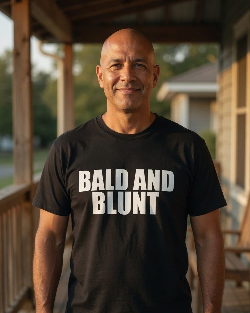 Bald and Blunt T-Shirt — Black front lifestyle photo