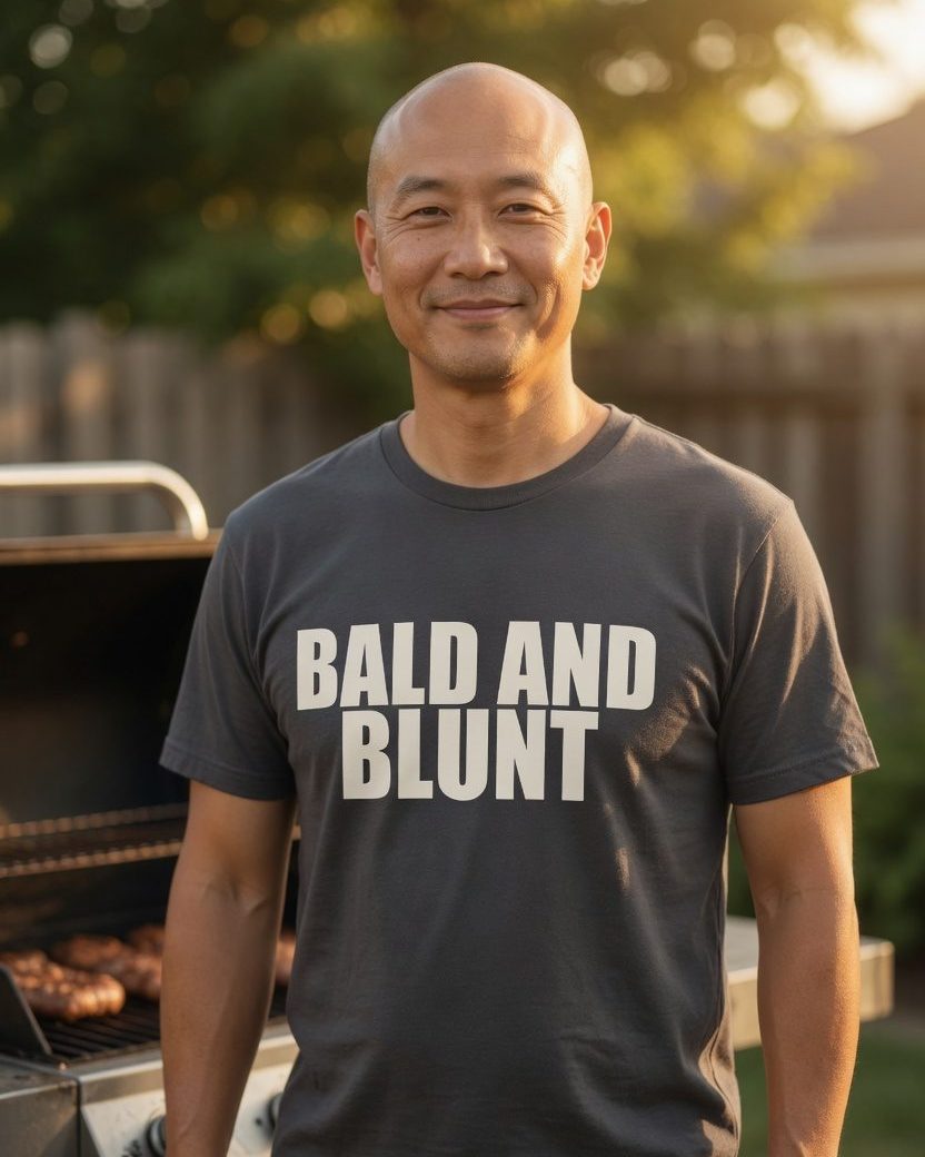 Bald and Blunt T-Shirt — Charcoal front lifestyle photo