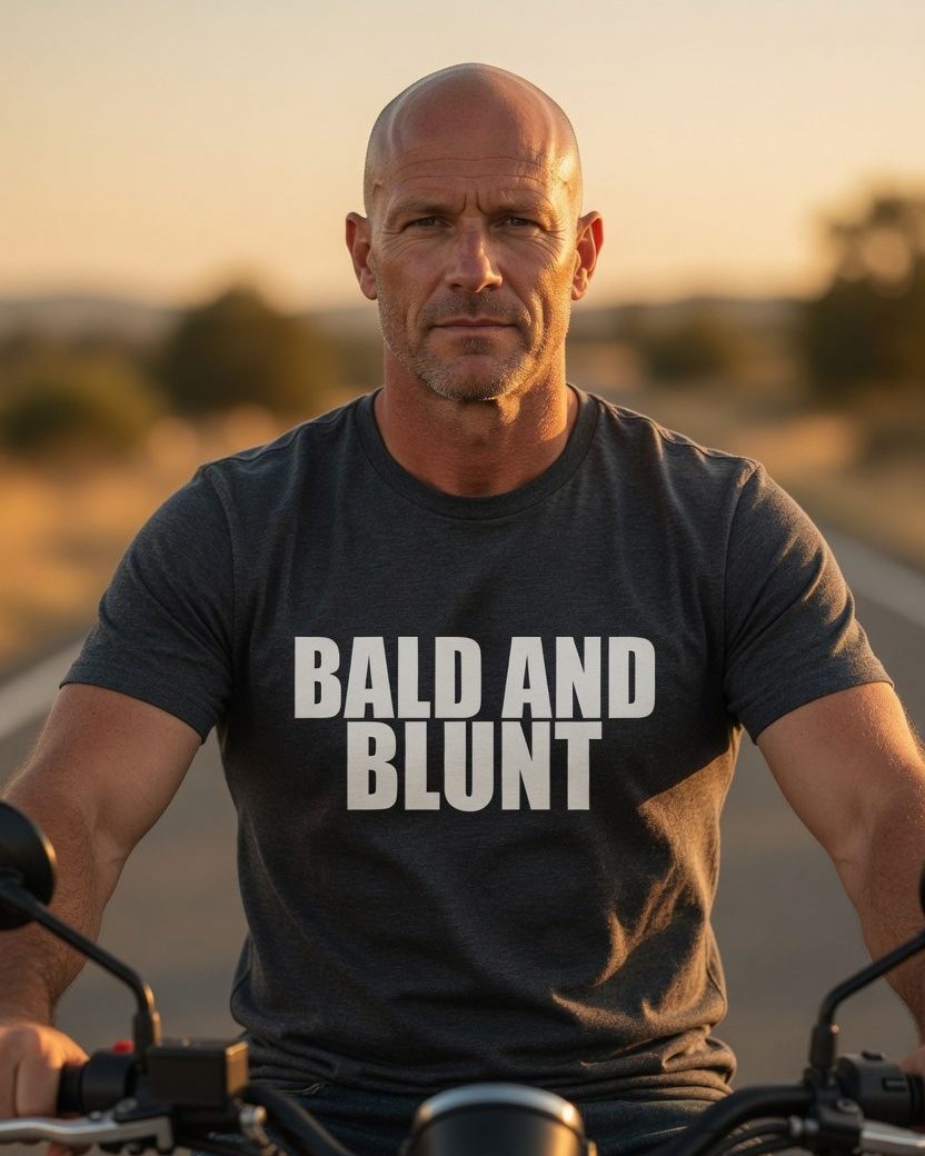 Bald and Blunt T-Shirt — Dark Heather front lifestyle photo