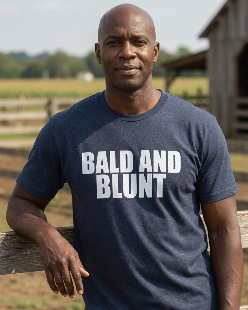 Bald and Blunt T-Shirt — Heather Navy front lifestyle photo