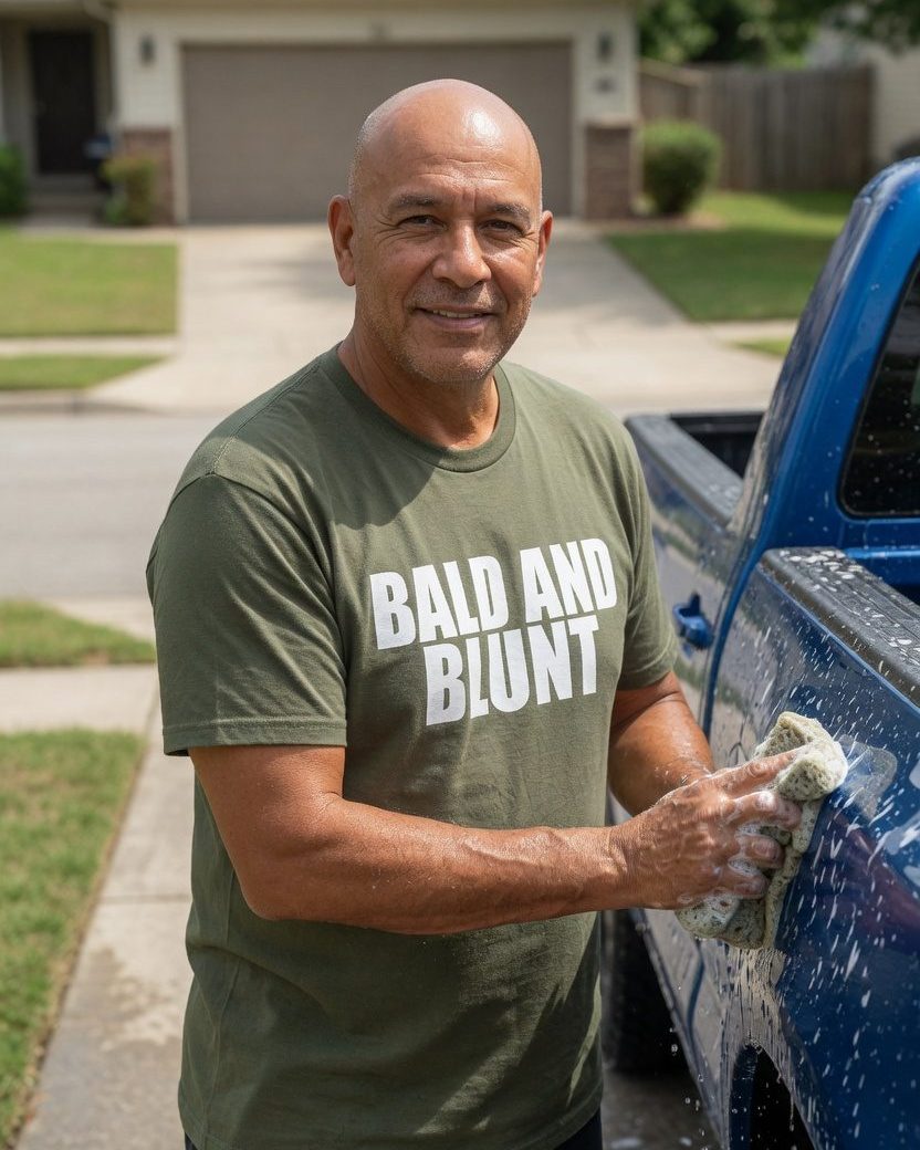 Bald and Blunt T-Shirt — Military Green front lifestyle photo