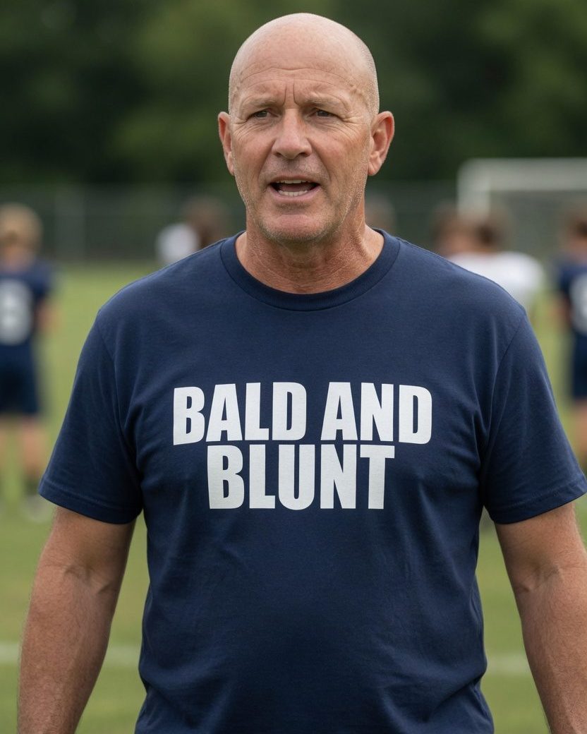 Bald and Blunt T-Shirt — Navy front lifestyle photo