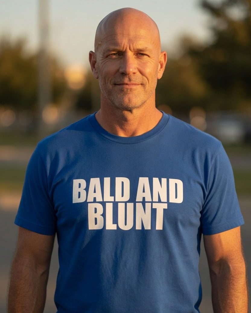 Bald and Blunt T-Shirt — Royal front lifestyle photo