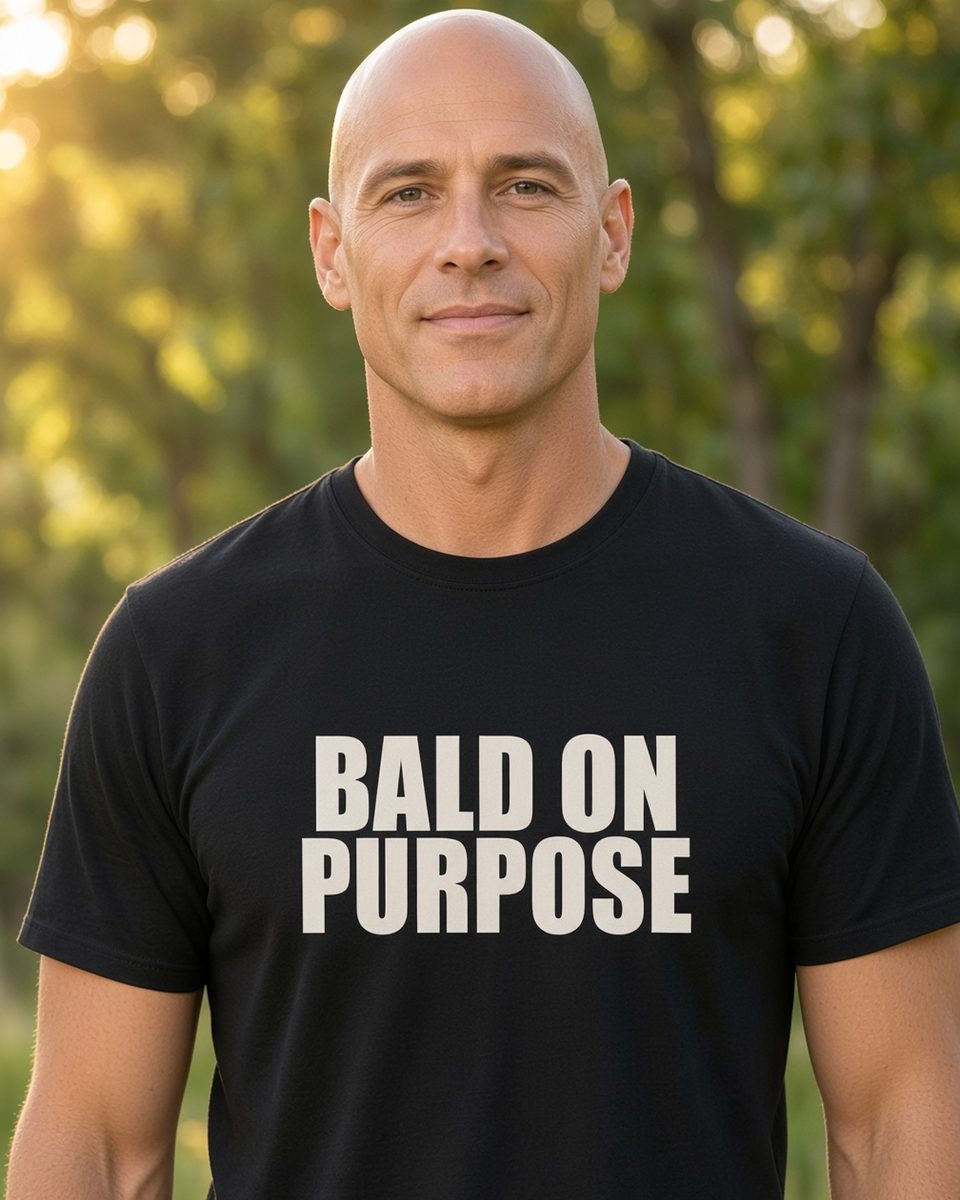 Bald on Purpose T-Shirt — Black front lifestyle photo