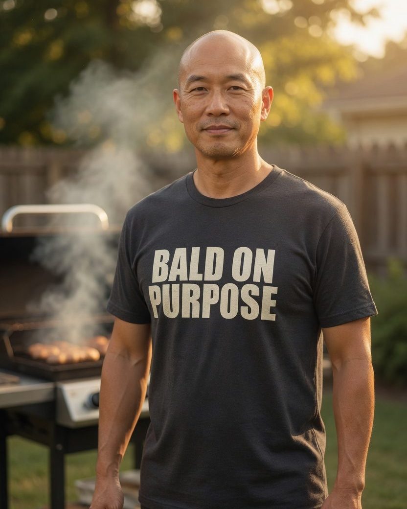 Bald on Purpose T-Shirt — Charcoal front lifestyle photo