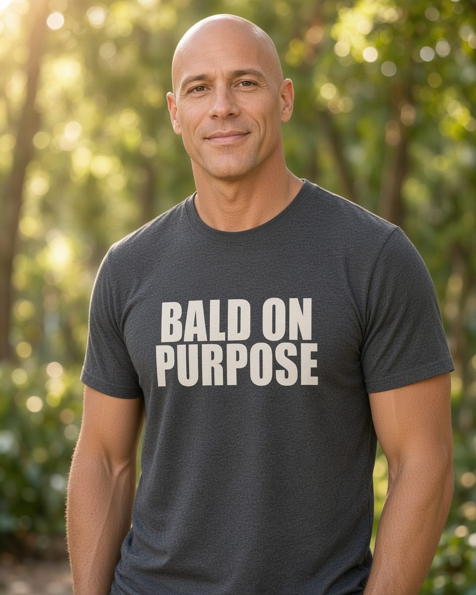 Bald on Purpose T-Shirt — Dark Heather front lifestyle photo