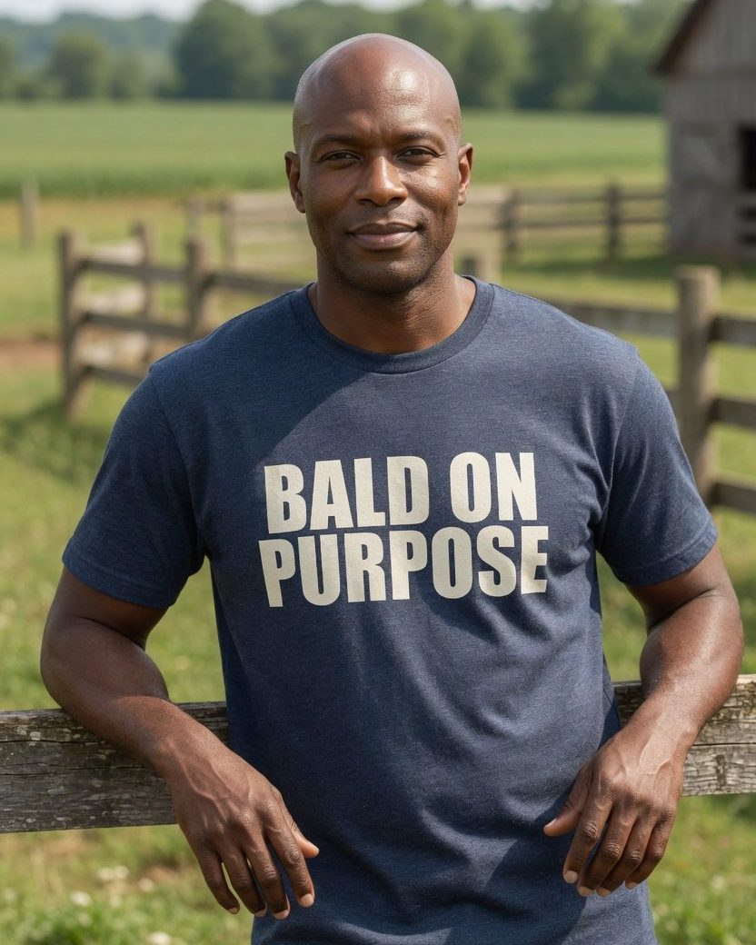 Bald on Purpose T-Shirt — Heather Navy front lifestyle photo