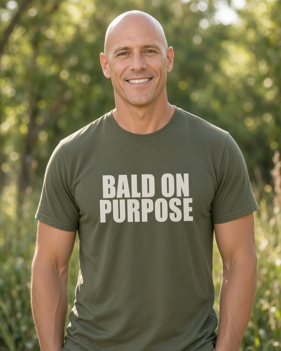 Bald on Purpose T-Shirt — Military Green front lifestyle photo
