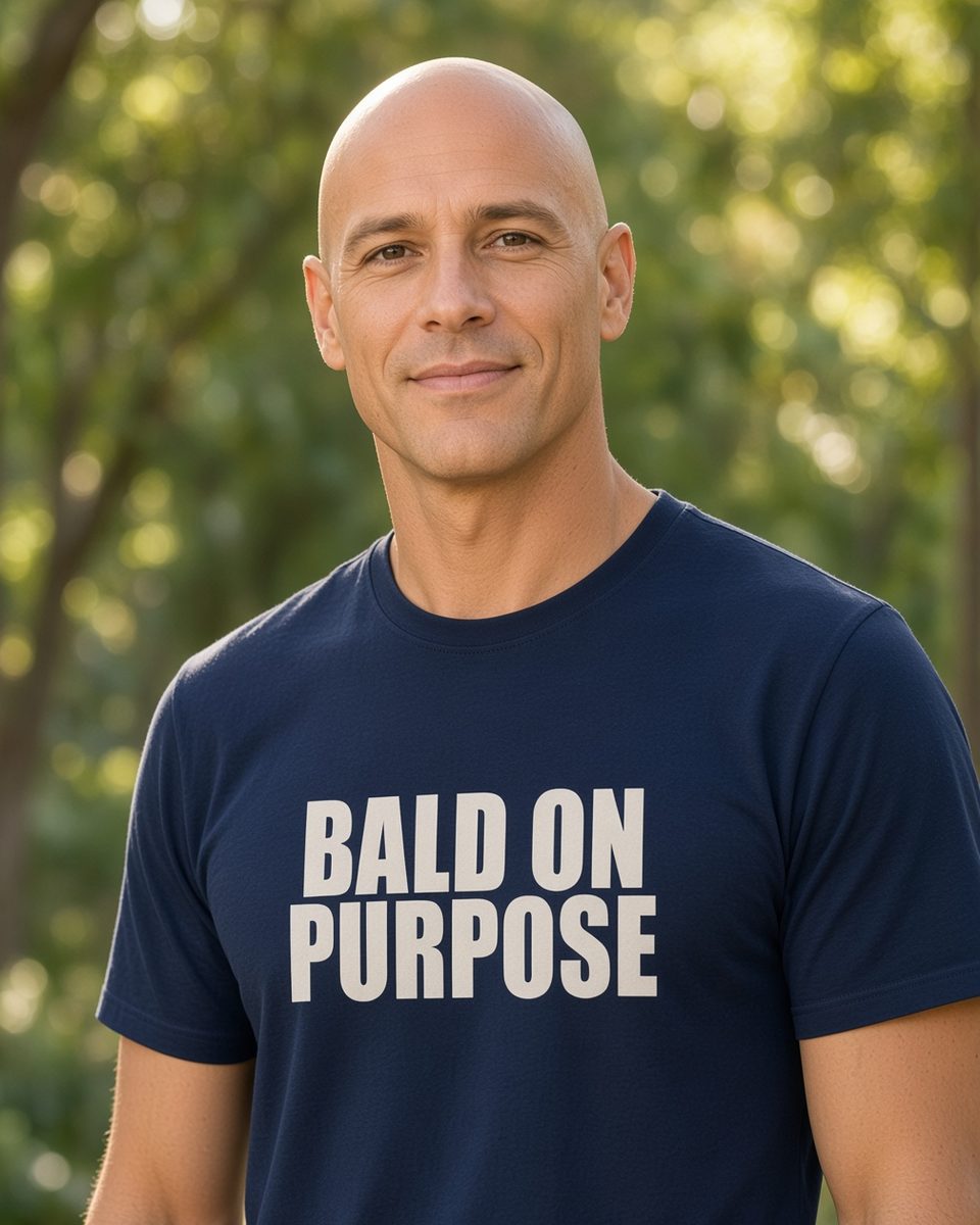 Bald on Purpose T-Shirt — Navy front lifestyle photo