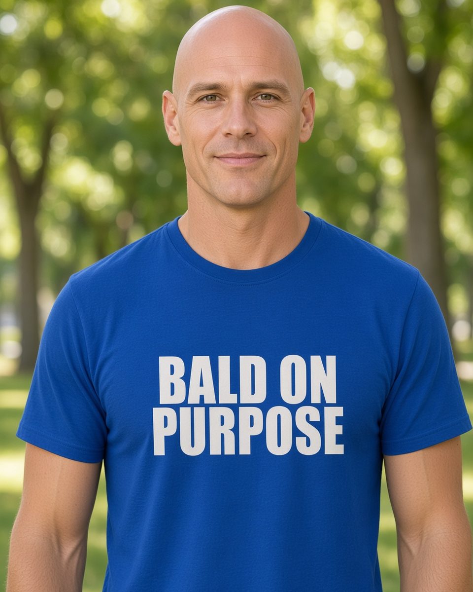 Bald on Purpose T-Shirt — Royal front lifestyle photo