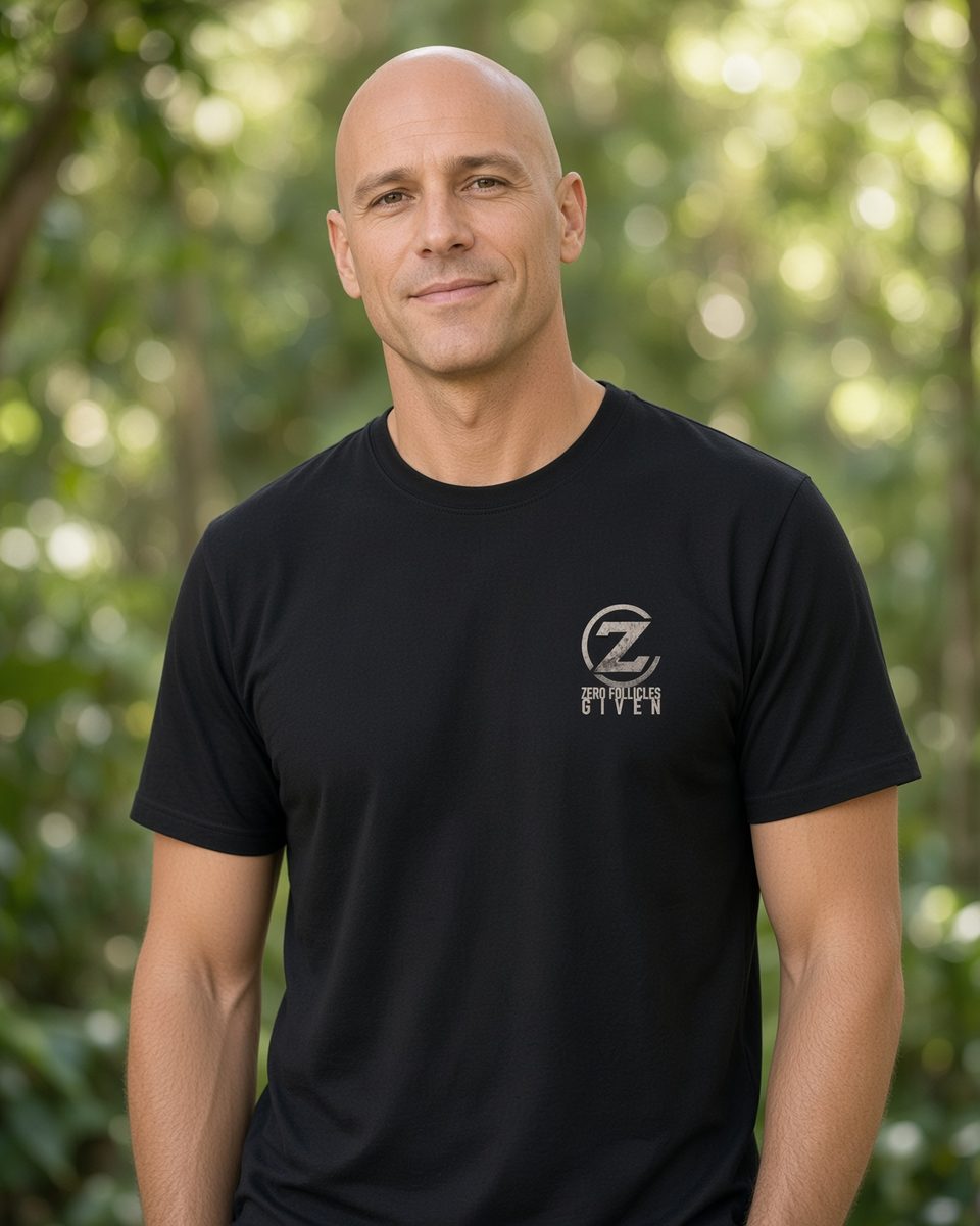 Zero Follicles Given Profile Emblem Tee — Black front lifestyle photo