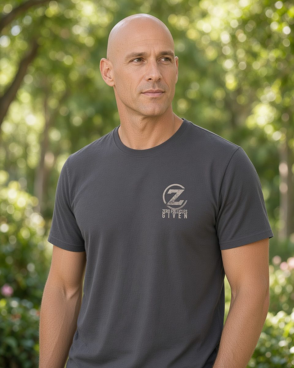 Zero Follicles Given Profile Emblem Tee — Charcoal front lifestyle photo