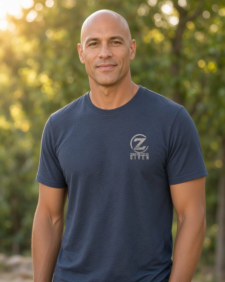 Zero Follicles Given Profile Emblem Tee — Heather Navy front lifestyle photo