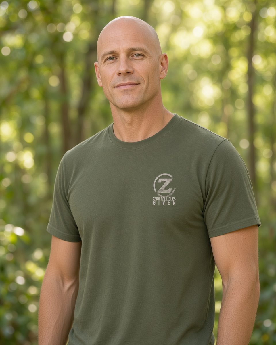 Zero Follicles Given Profile Emblem Tee — Military Green front lifestyle photo
