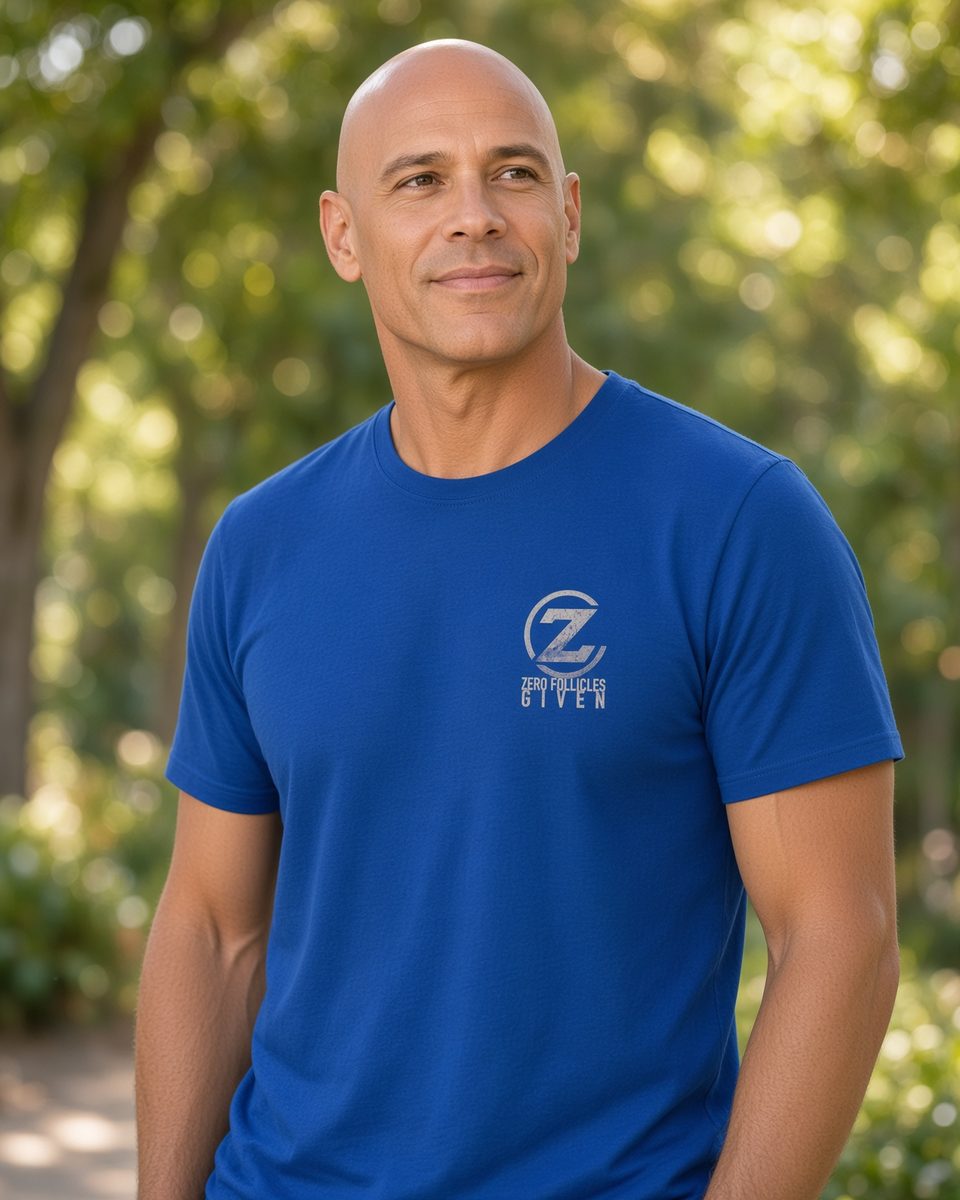 Zero Follicles Given Profile Emblem Tee — Royal front lifestyle photo
