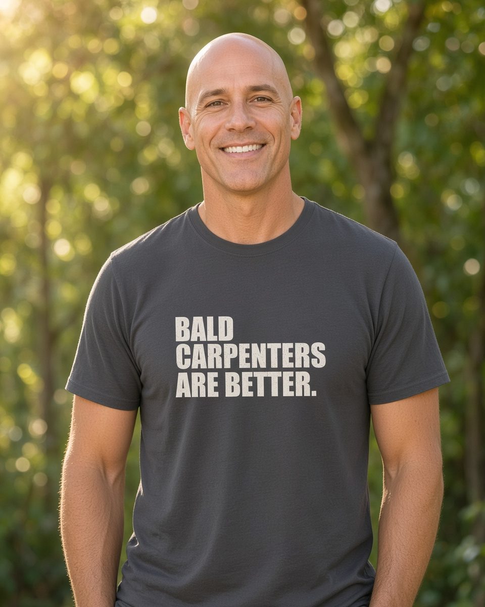 Bald Carpenters Are Better T-Shirt — Charcoal front lifestyle photo