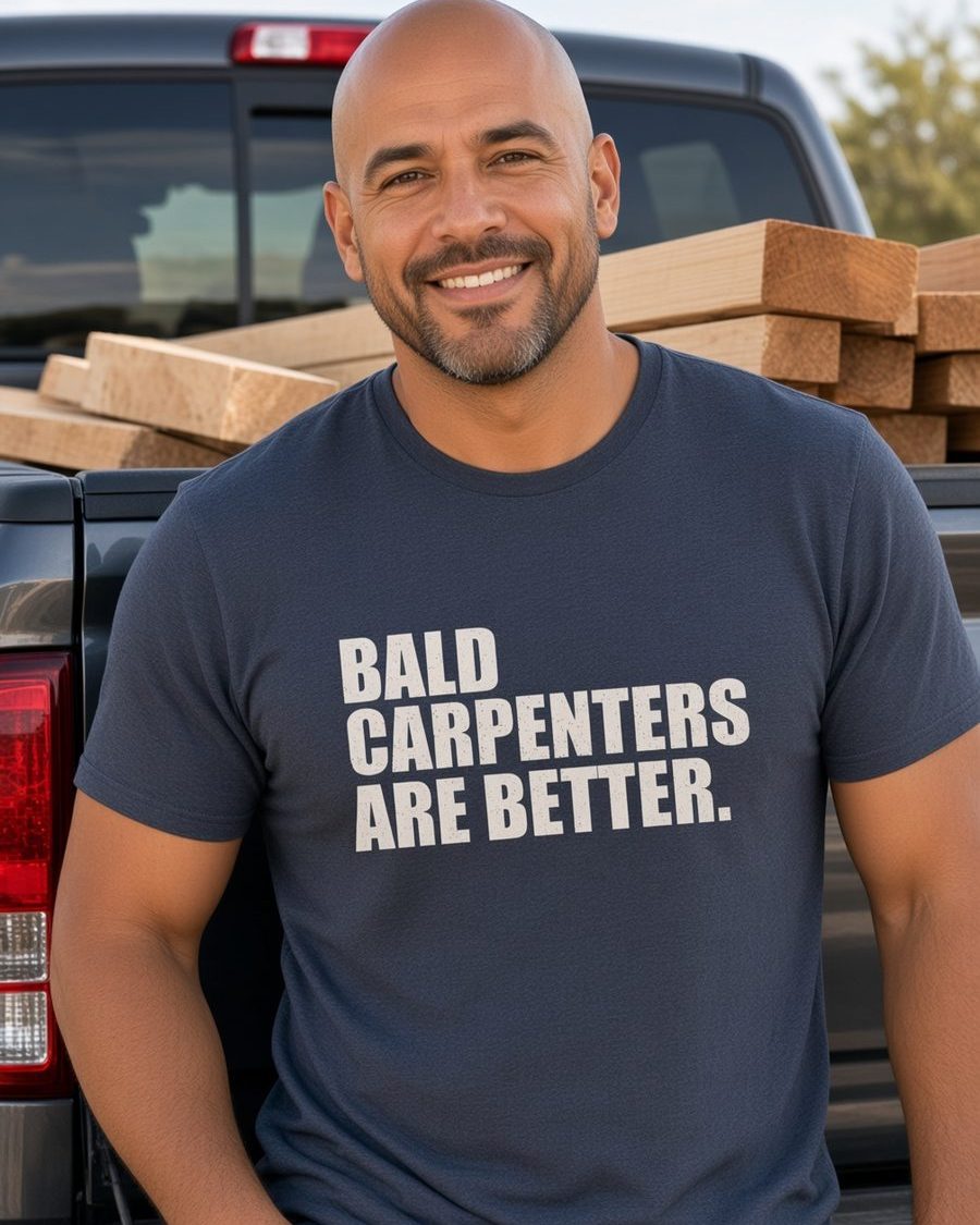 Bald Carpenters Are Better T-Shirt — Heather Navy front lifestyle photo
