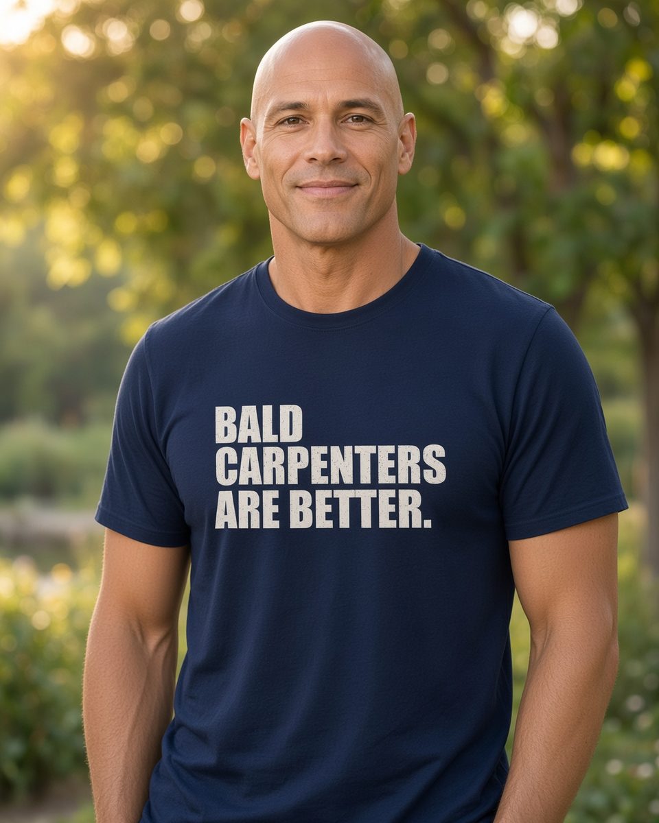 Bald Carpenters Are Better T-Shirt — Navy front lifestyle photo