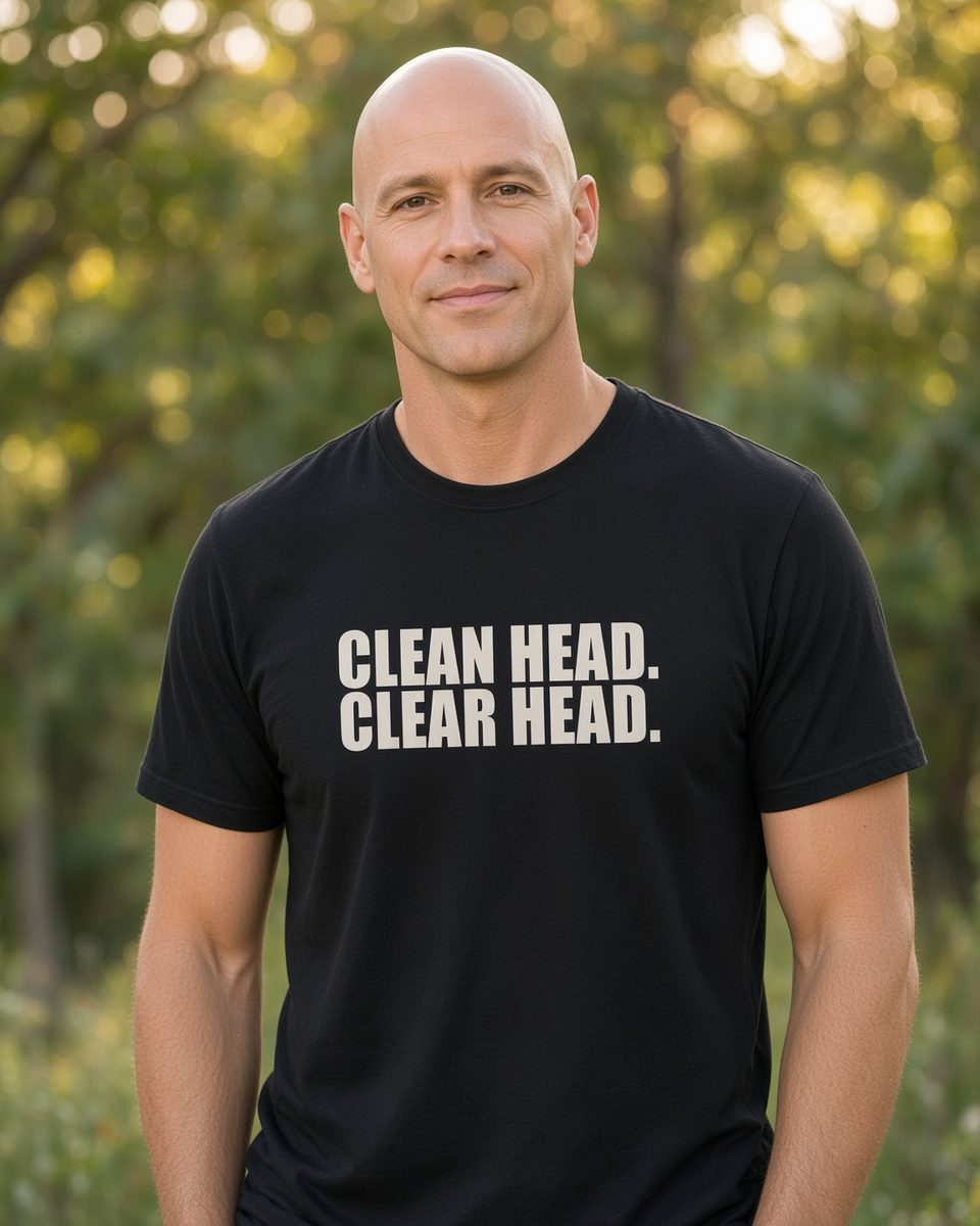 Clean Head Clear Head Bald T-Shirt — Black front lifestyle photo