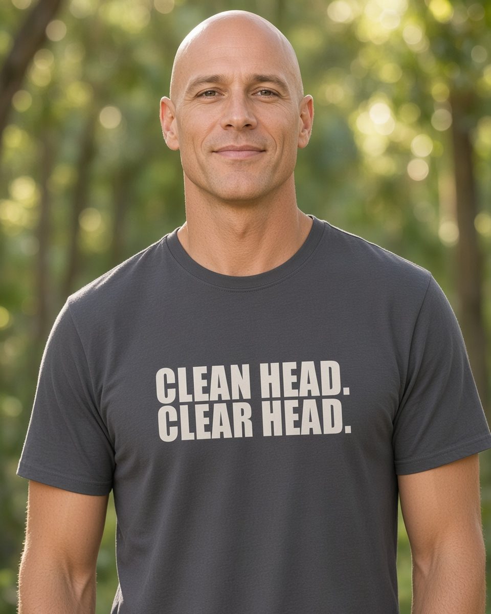 Clean Head Clear Head Bald T-Shirt — Charcoal front lifestyle photo