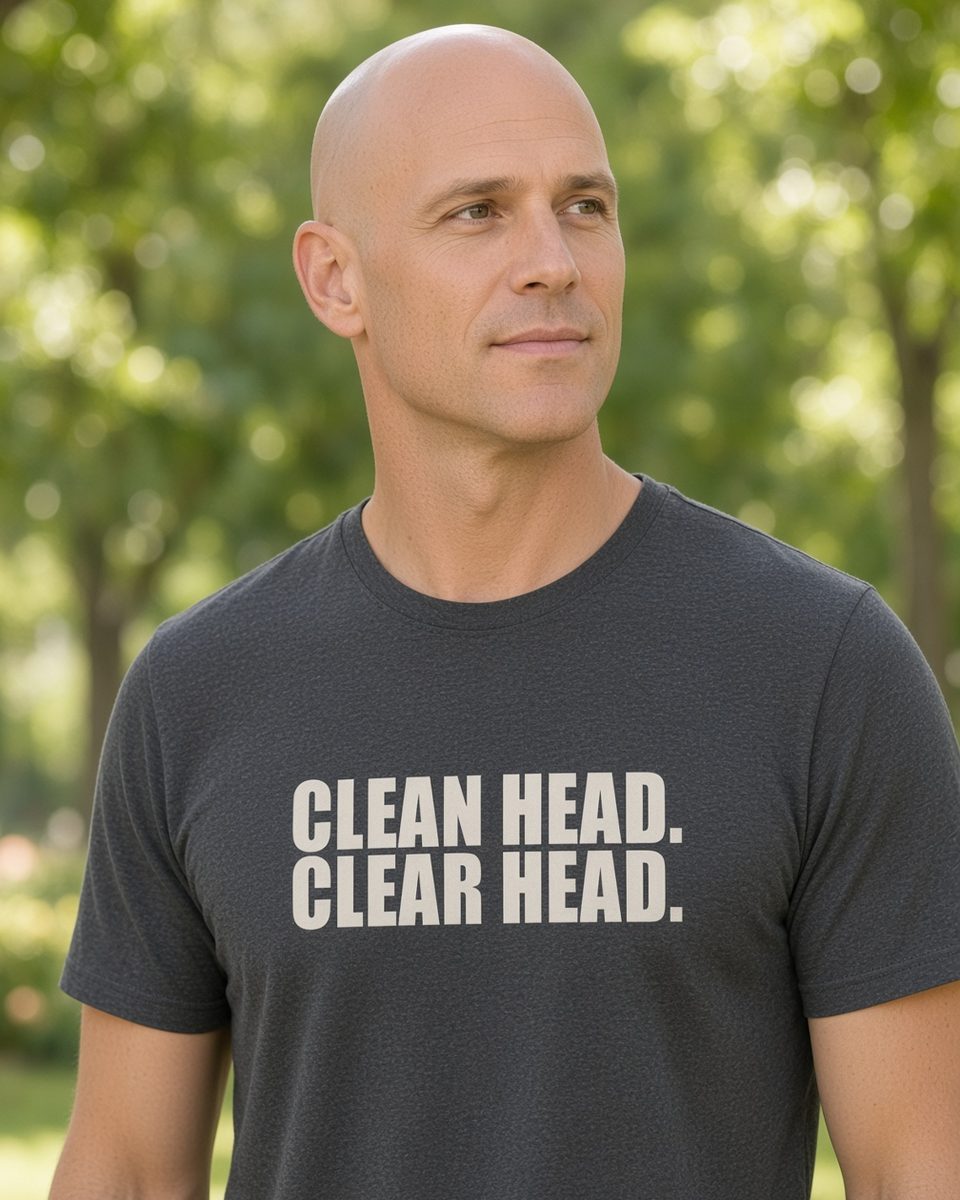 Clean Head Clear Head Bald T-Shirt — Dark Heather front lifestyle photo