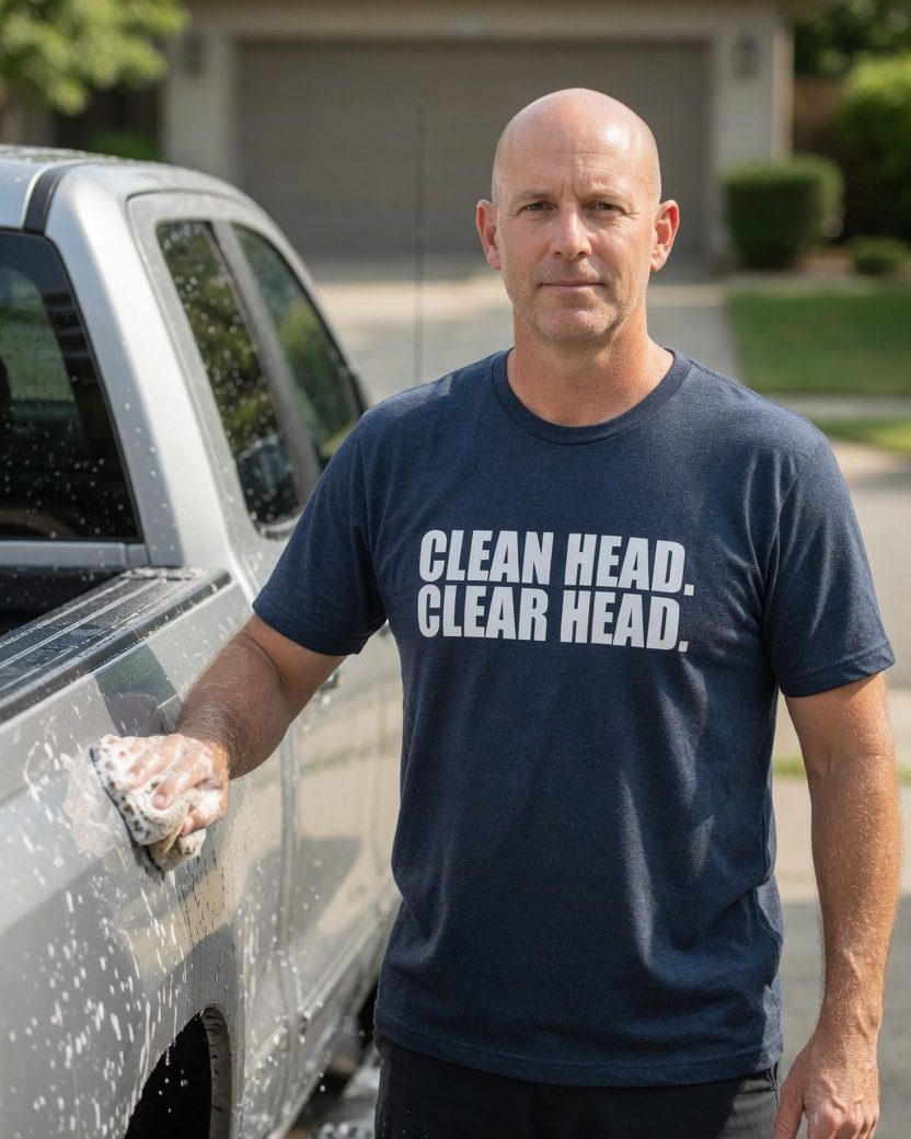 Clean Head Clear Head Bald T-Shirt — Heather Navy front lifestyle photo