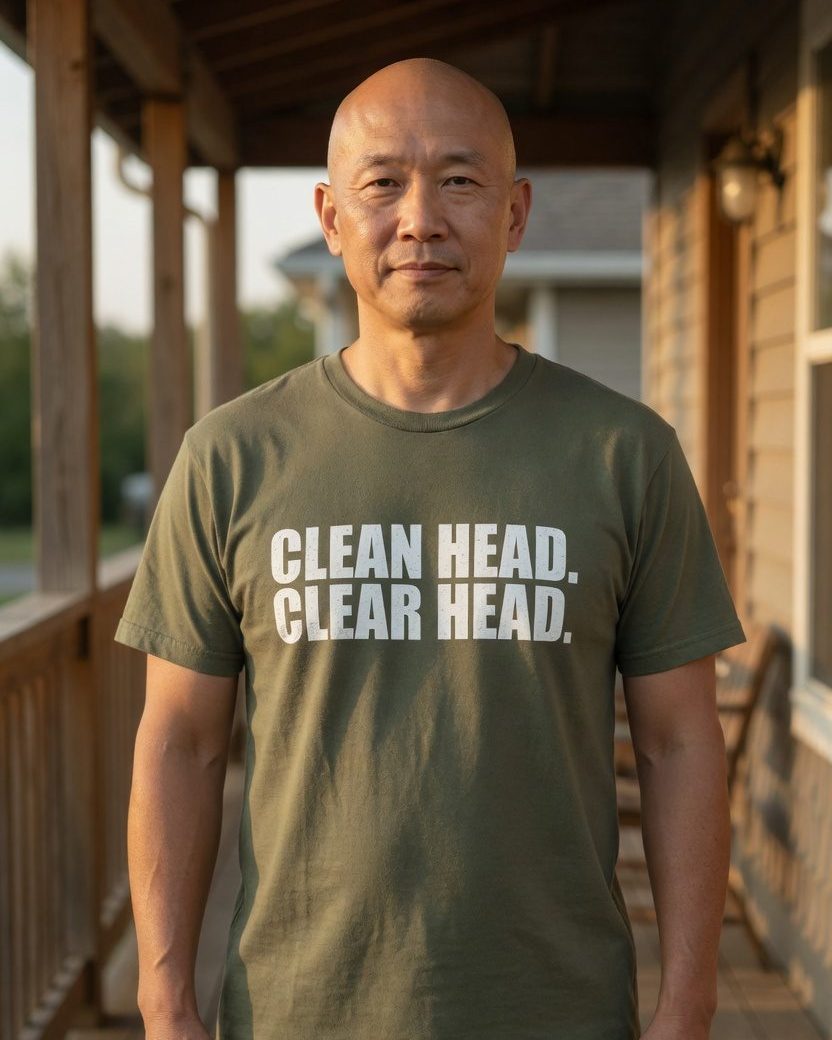 Clean Head Clear Head Bald T-Shirt — Military Green front lifestyle photo