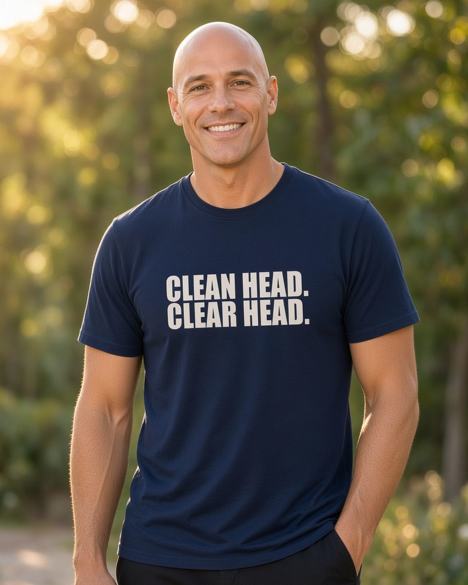 Clean Head Clear Head Bald T-Shirt — Navy front lifestyle photo