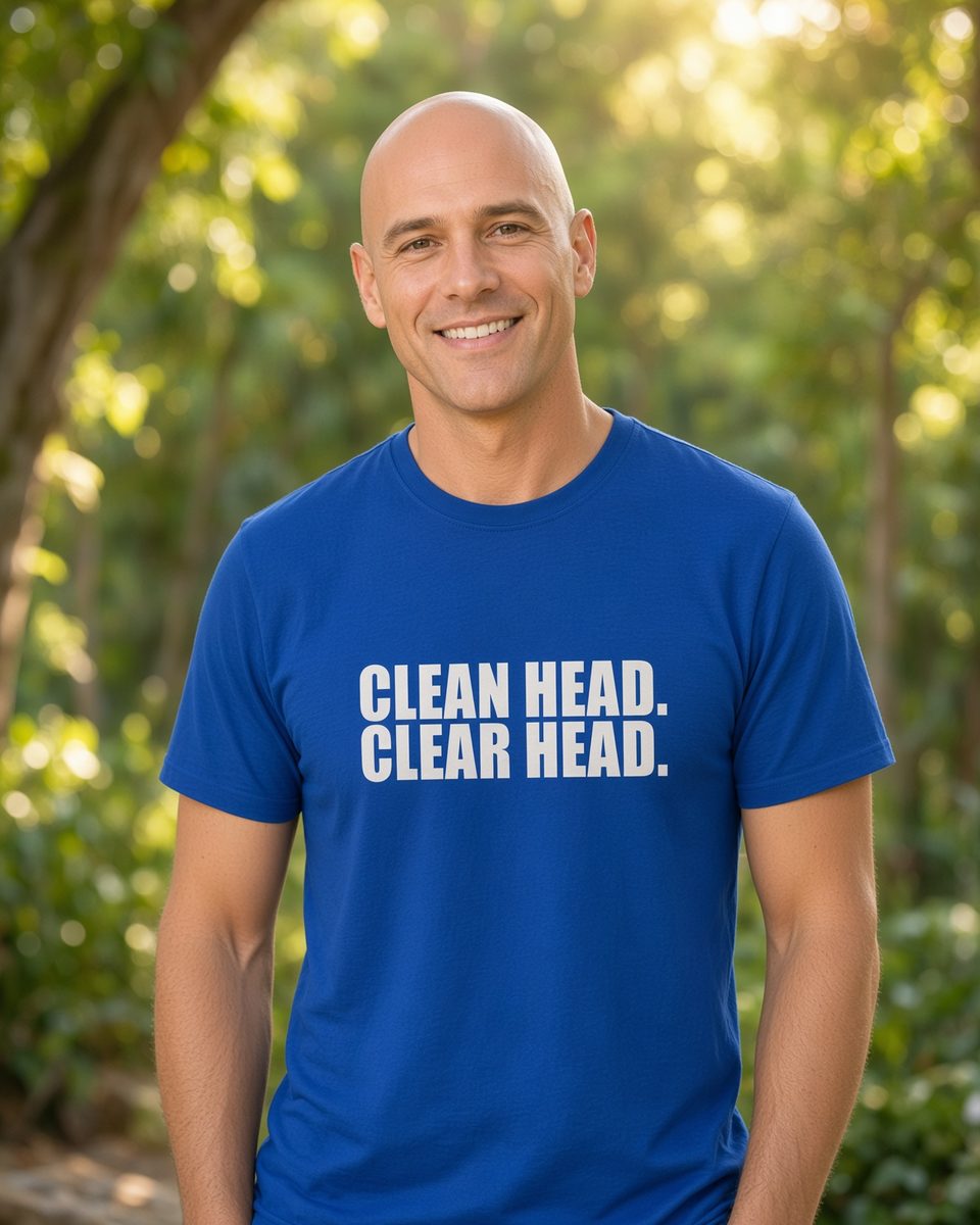 Clean Head Clear Head Bald T-Shirt — Royal front lifestyle photo
