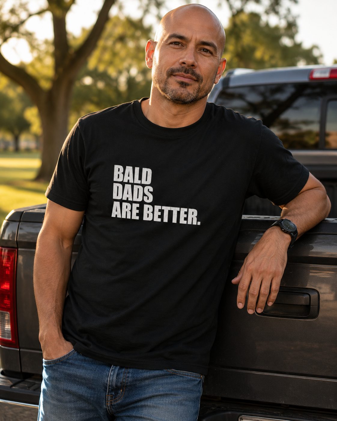 Bald Dads Are Better T-Shirt — Black front lifestyle photo