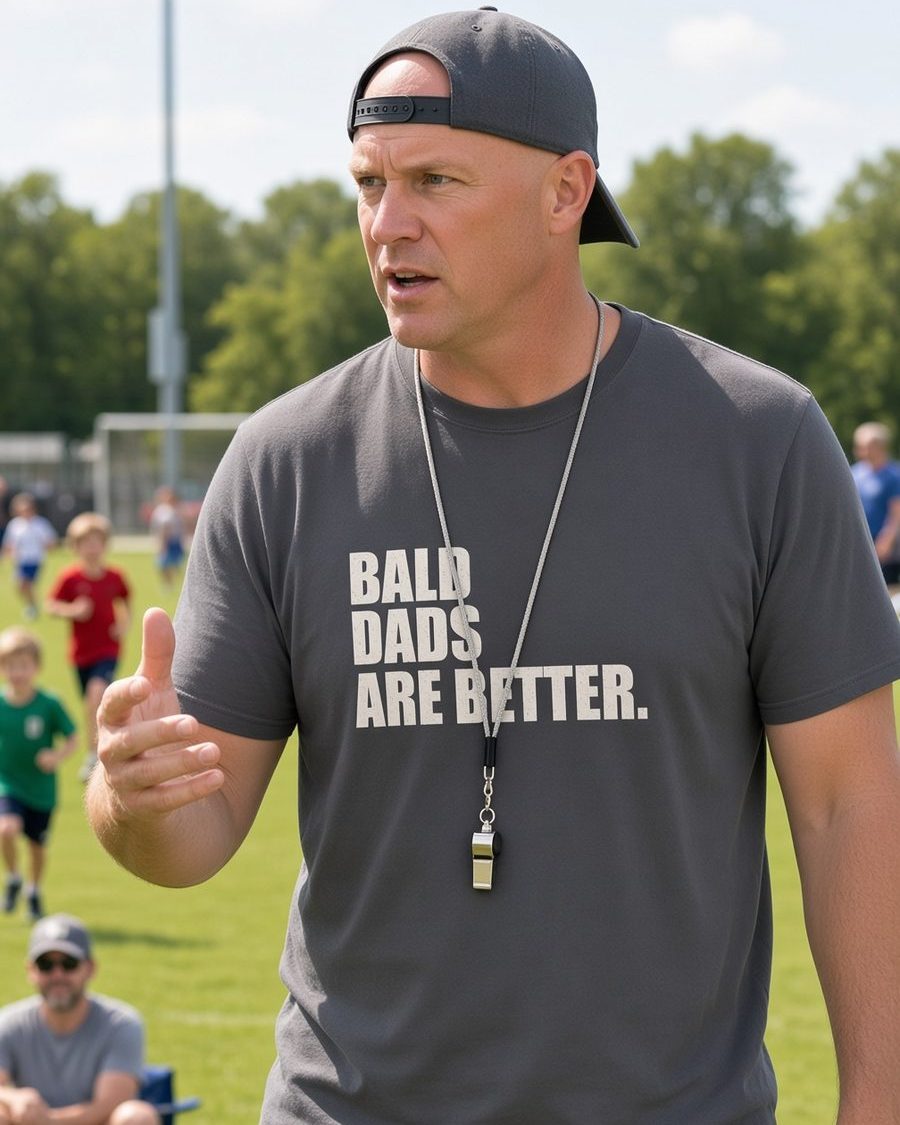 Bald Dads Are Better T-Shirt — Charcoal front lifestyle photo