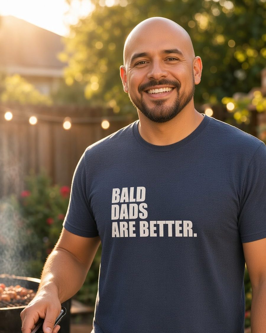 Bald Dads Are Better T-Shirt — Heather Navy front lifestyle photo
