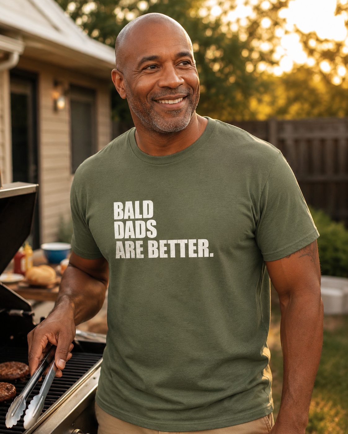 Bald Dads Are Better T-Shirt — Military Green front lifestyle photo