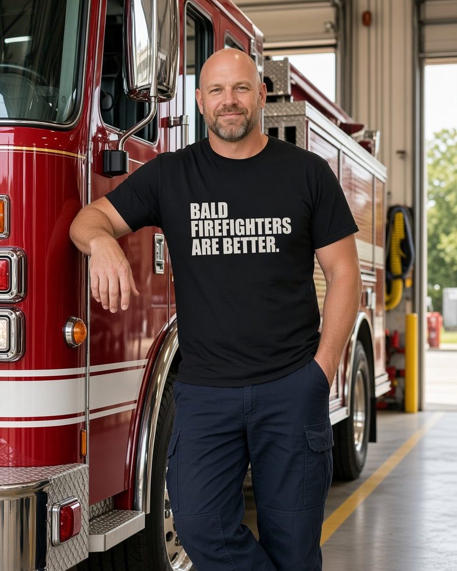 Bald Firefighters Are Better T-Shirt — Black front lifestyle photo