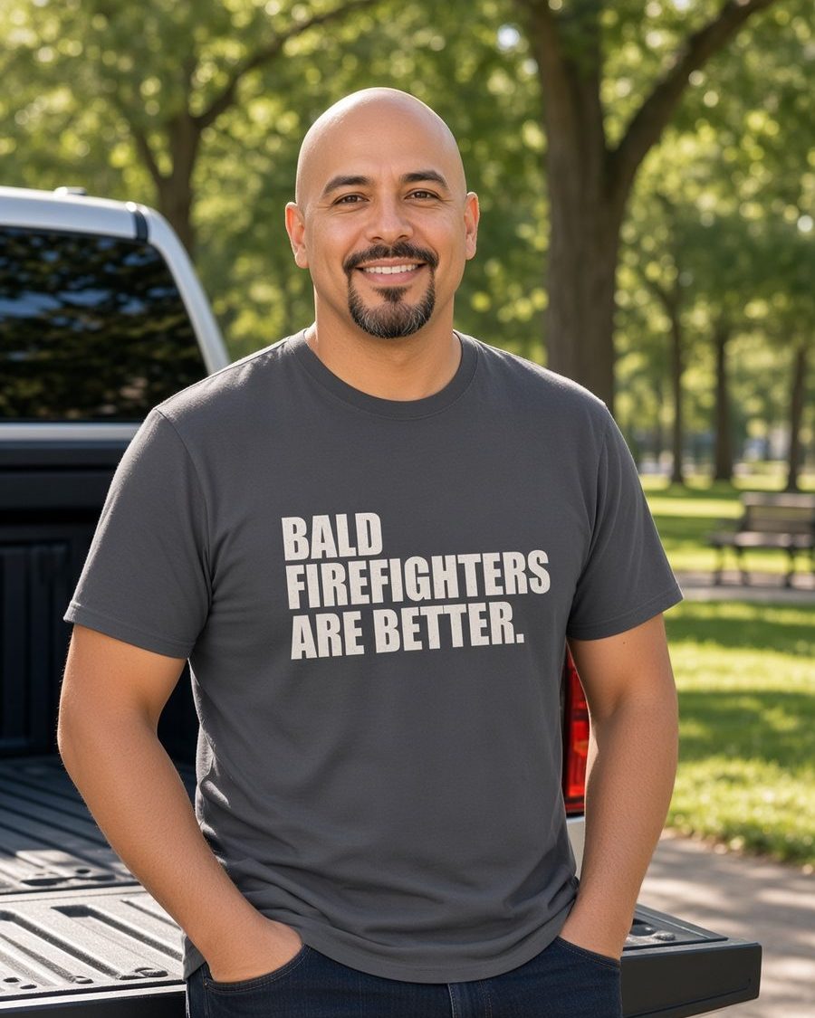 Bald Firefighters Are Better T-Shirt — Charcoal front lifestyle photo